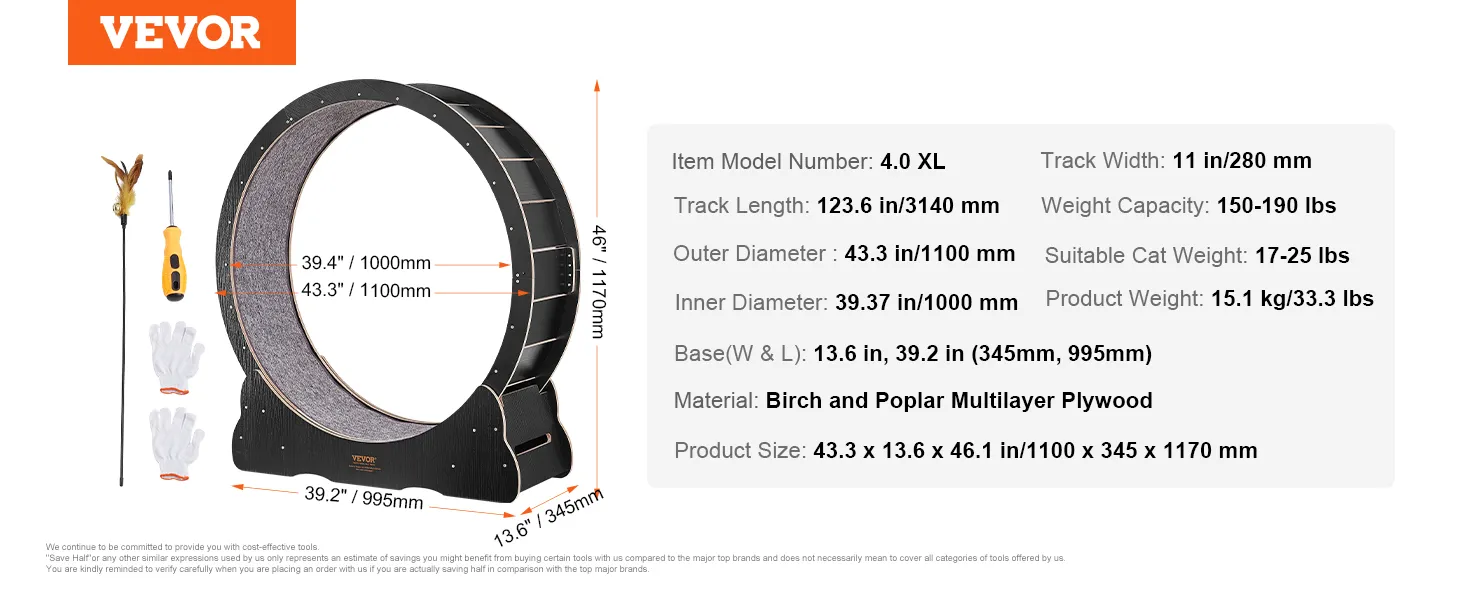 VEVOR cat exercise wheel, 4.0 xl model, birch and poplar, 123.6" track length, 15.1 kg weight.