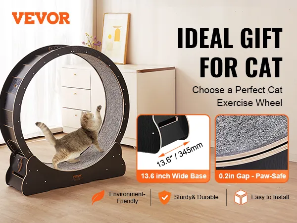 VEVOR cat exercise wheel with solid wood material, 13.6-inch wide base, paw-safe gap, sturdy and durable.