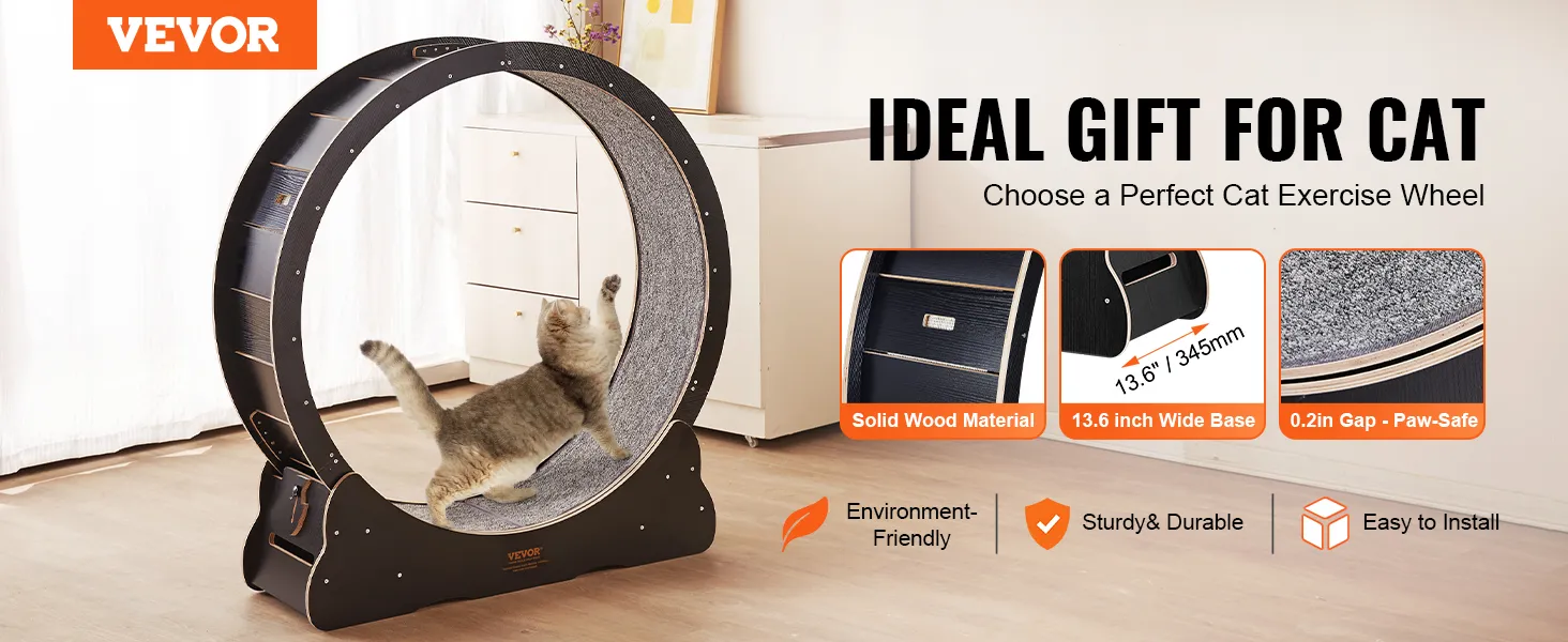 VEVOR cat exercise wheel with solid wood material, 13.6-inch wide base, paw-safe gap, sturdy and durable.