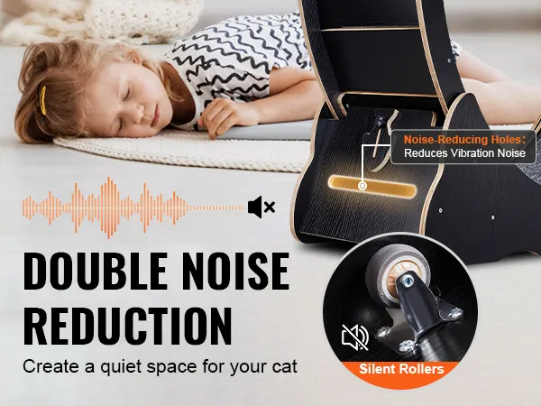 VEVOR cat exercise wheel offers double noise reduction with silent rollers and noise-reducing holes.