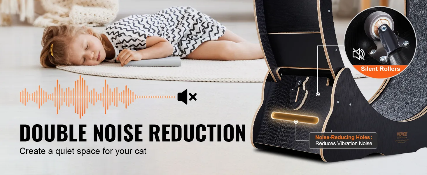 VEVOR cat exercise wheel offers double noise reduction with silent rollers and noise-reducing holes.