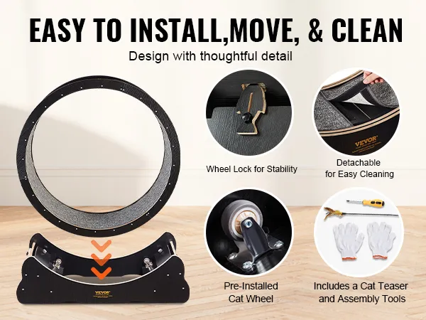 VEVOR cat exercise wheel: easy to install, move, and clean with stability lock and detachable design.