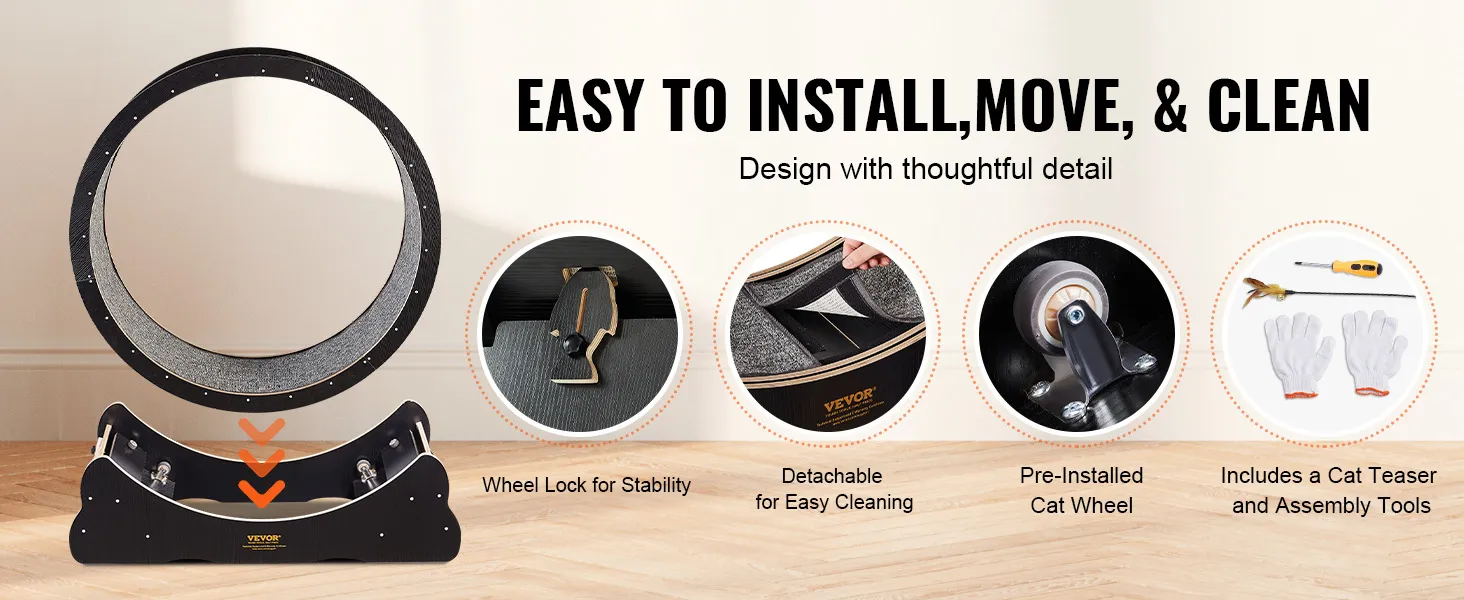VEVOR cat exercise wheel: easy to install, move, and clean with stability lock and detachable design.