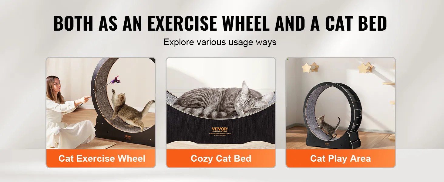 VEVOR cat exercise wheel used as cat bed, exercise wheel, and play area; versatile and engaging for pets.
