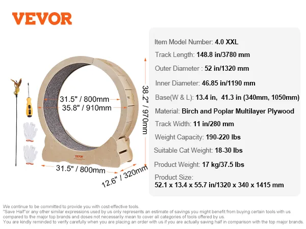 VEVOR cat exercise wheel 4.0 xxl specs: track 148.8 in, 11 in wide, 52 in diameter, weight 17 kg.