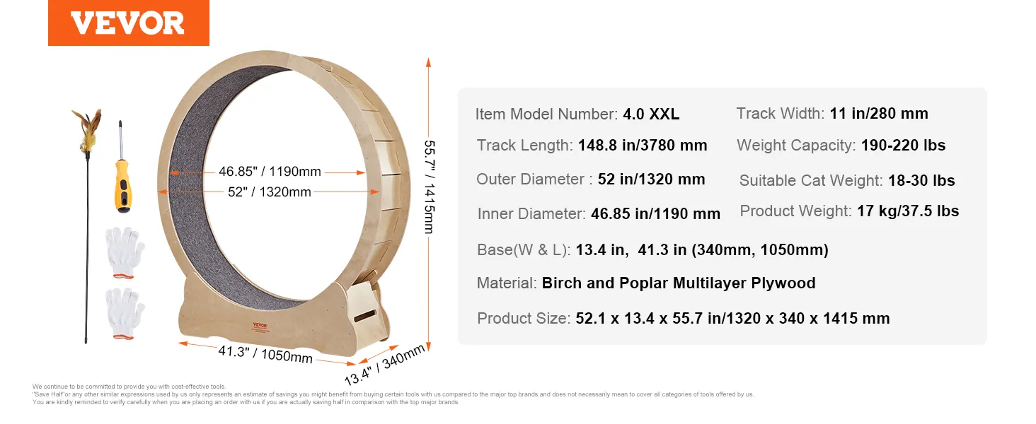VEVOR cat exercise wheel 4.0 xxl specs: track 148.8 in, 11 in wide, 52 in diameter, weight 17 kg.