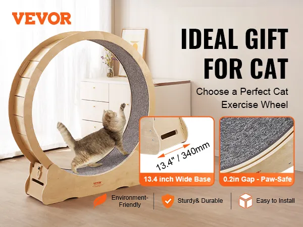 VEVOR cat exercise wheel made of solid wood with 13.4-inch wide base, safe for paws, ideal for indoor cats.