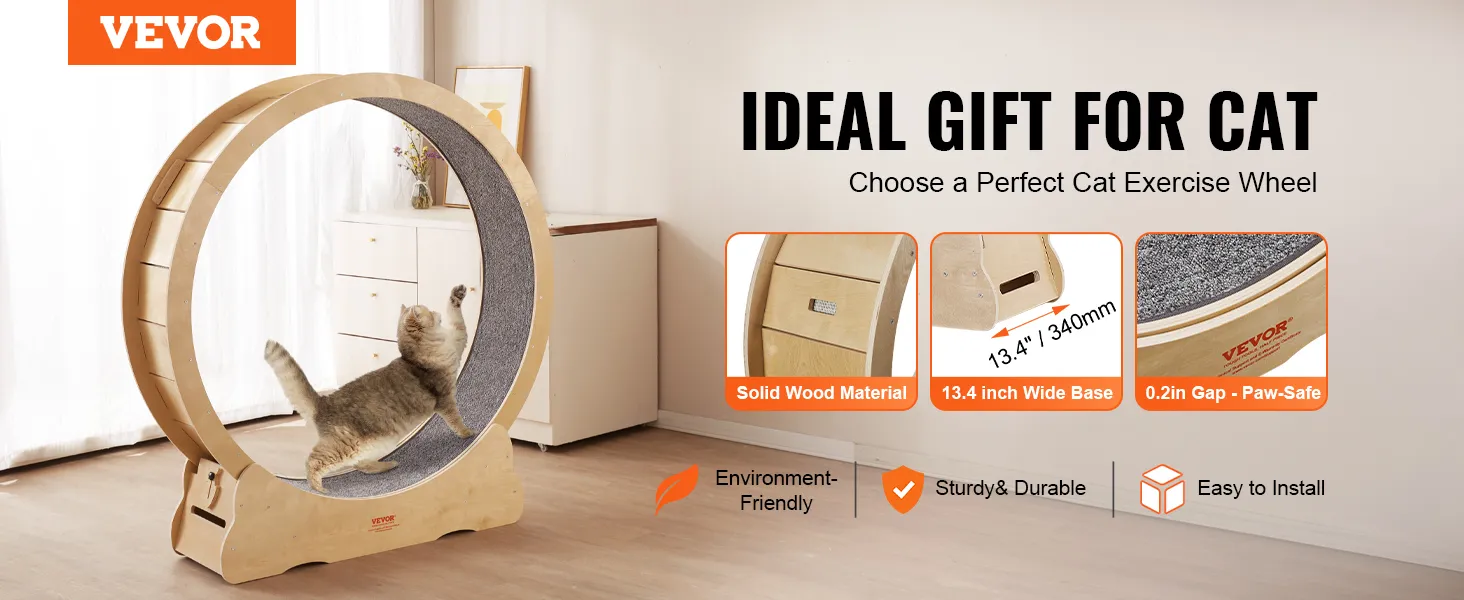 VEVOR cat exercise wheel made of solid wood with 13.4-inch wide base, safe for paws, ideal for indoor cats.