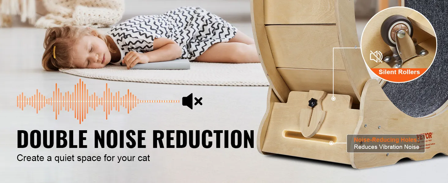 VEVOR cat exercise wheel with double noise reduction, silent rollers, and noise-reducing holes.
