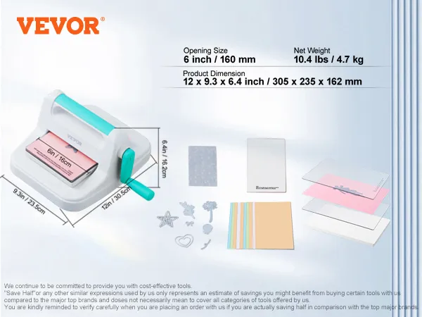 VEVOR die cutting machine with 6 inch opening, 10.4 lbs weight, includes cutting accessories.