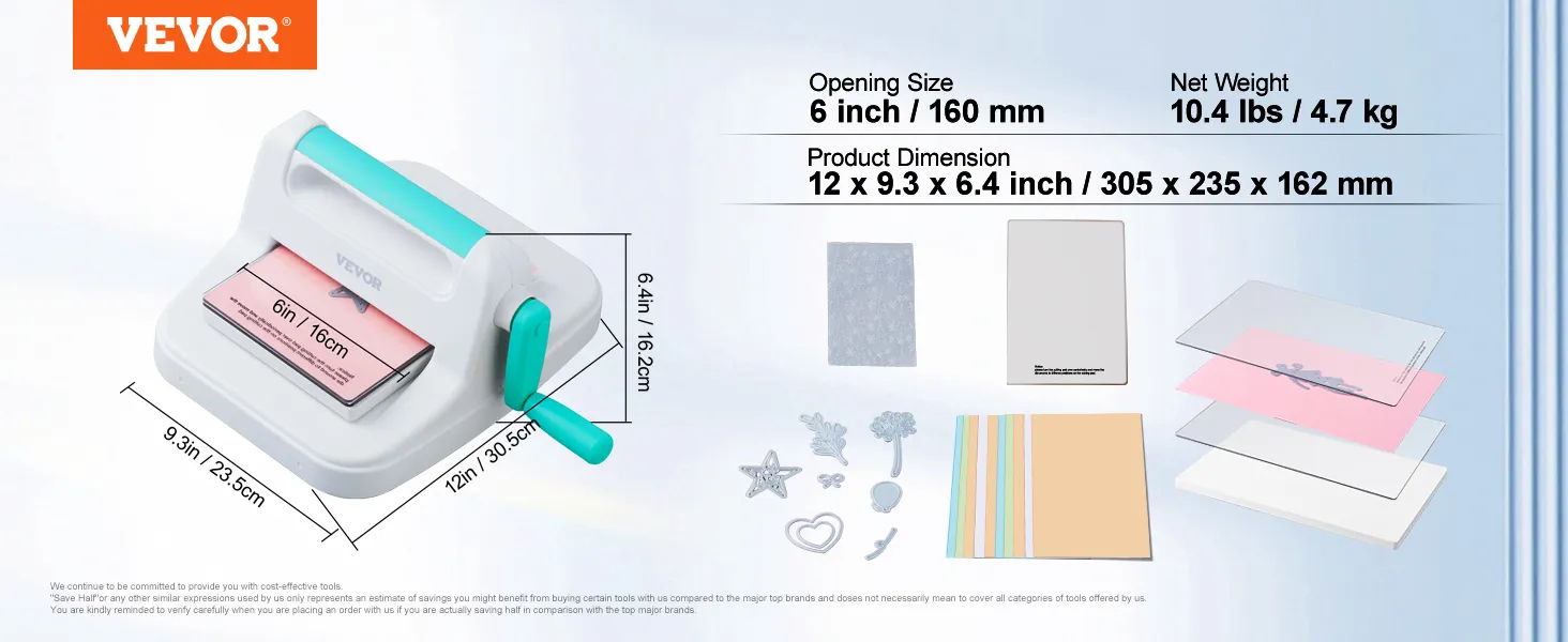 VEVOR die cutting machine with 6 inch opening, 10.4 lbs weight, includes cutting accessories.