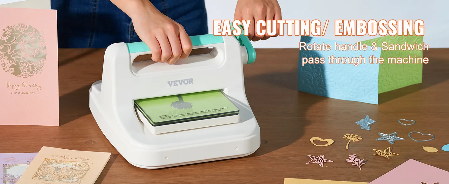 hands using VEVOR die cutting machine on table with greeting cards and cut-out designs.