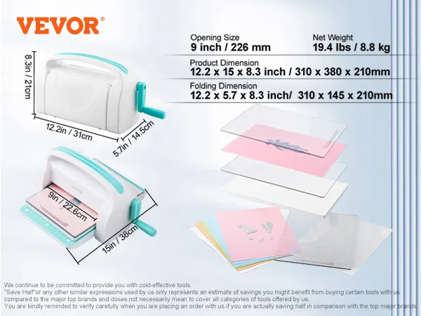 VEVOR die cutting machine with dimensions and papers, net weight 8.8 kg, opening size 9 inches.