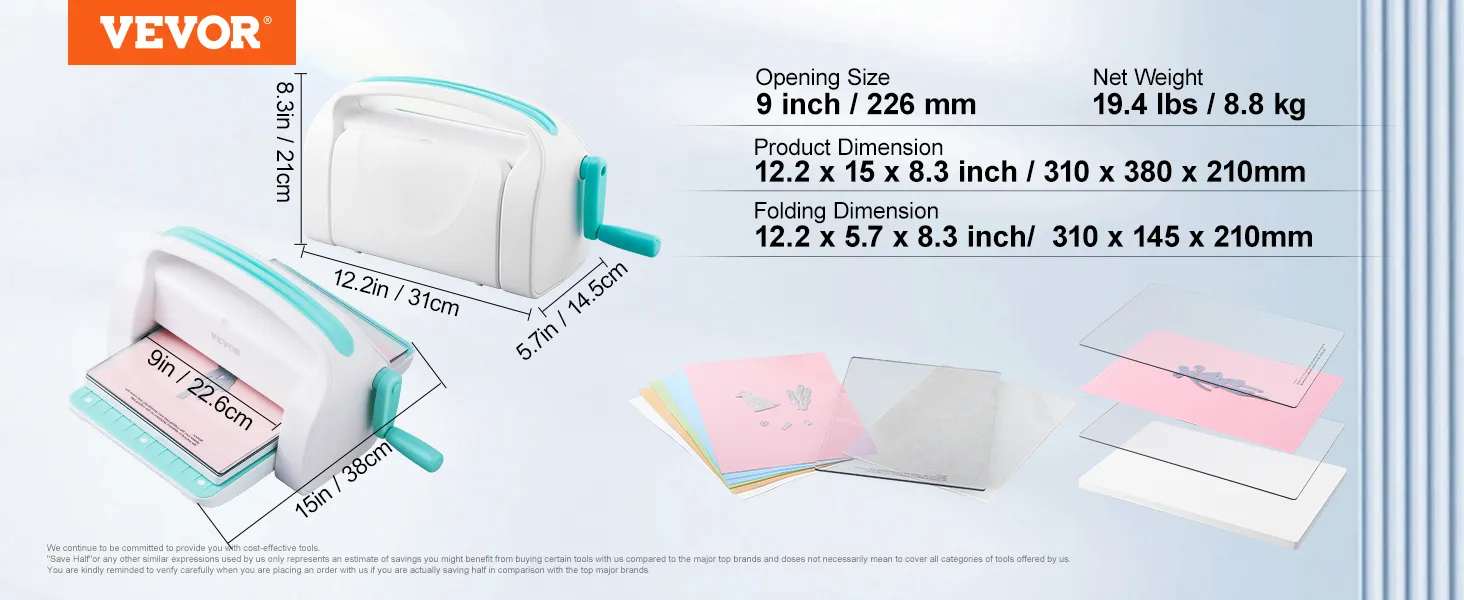 VEVOR die cutting machine with dimensions and papers, net weight 8.8 kg, opening size 9 inches.