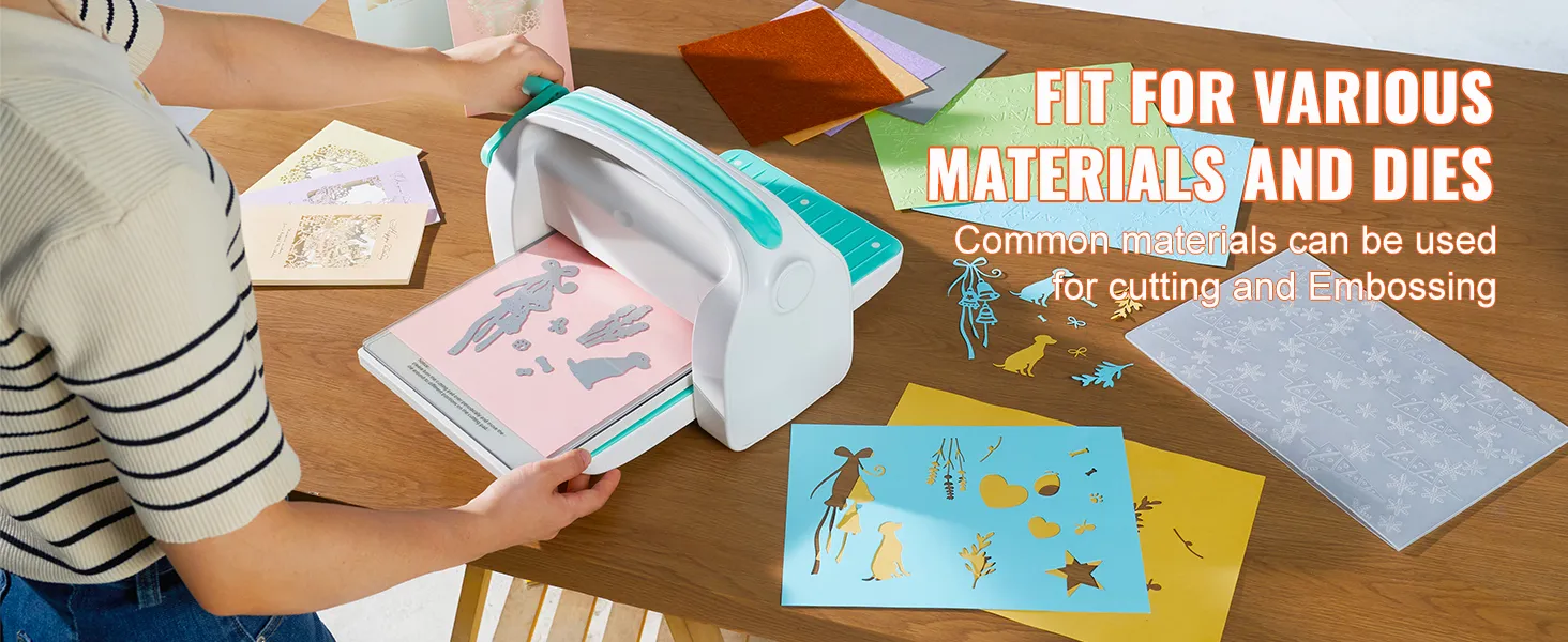 woman using VEVOR die cutting machine with various materials and dies on a wooden table.