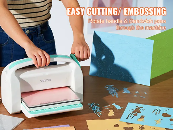 person uses VEVOR die cutting machine for easy cutting and embossing with paper crafts on a table.