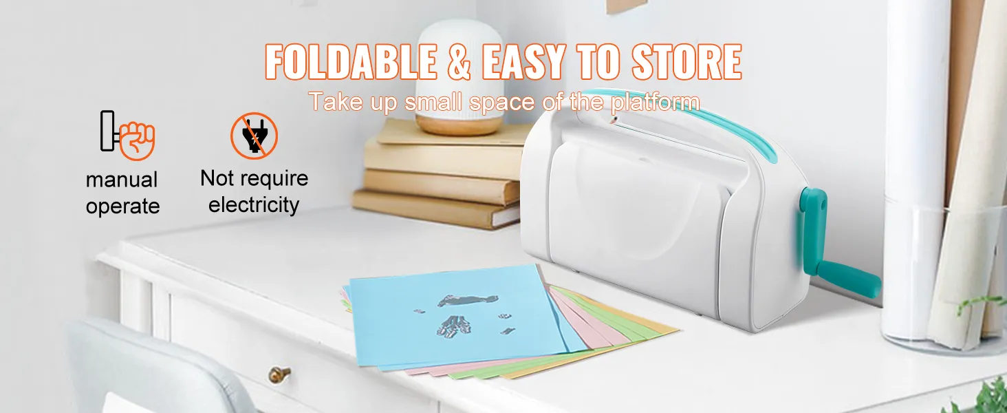 VEVOR die cutting machine on desk, foldable, manual operation, no electricity required.
