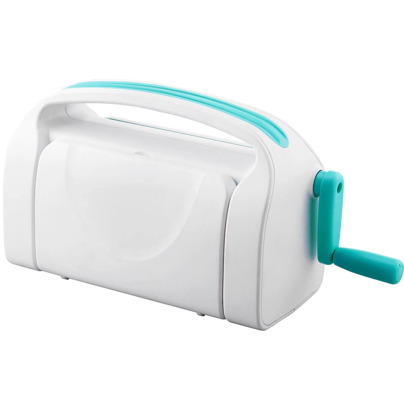 VEVOR die cutting machine with white body and turquoise accents, equipped with a manual crank handle