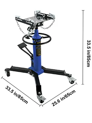 Gato de transmisión VEVOR, 85cm de alto, 65cm de ancho, gato hidráulico azul con cadenas y ruedas giratorias.