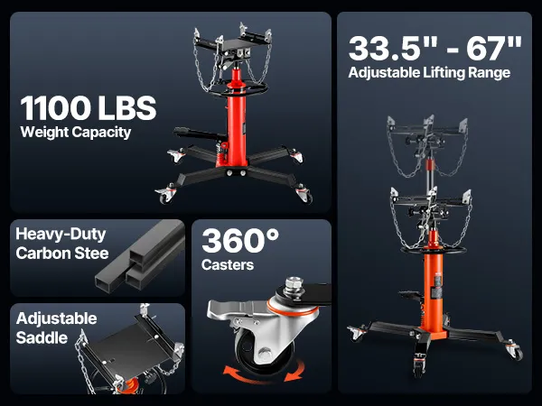 VEVOR transmission jack, 1100 lbs capacity with foot pedal, auxiliary ring, and heavy-duty steel construction.