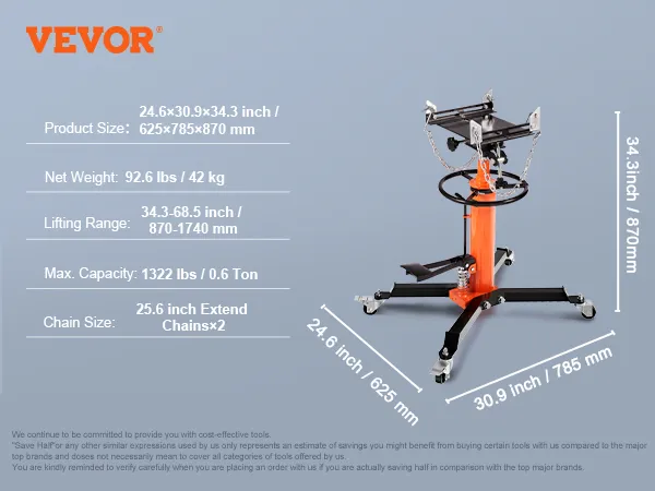 VEVOR hydraulic transmission jack with specifications: size 24.6×30.9×34.3 inch, capacity 1322 lbs.