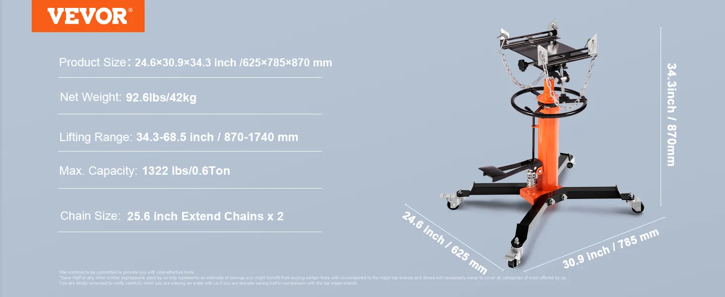 VEVOR hydraulic transmission jack with specifications: size 24.6×30.9×34.3 inch, capacity 1322 lbs.