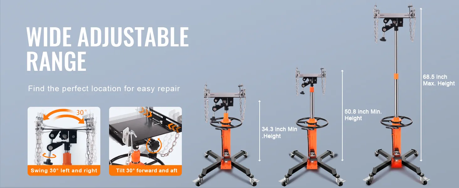VEVOR hydraulic transmission jack with 30° tilt, 34.3" to 68.5" height range, wide adjustable features.