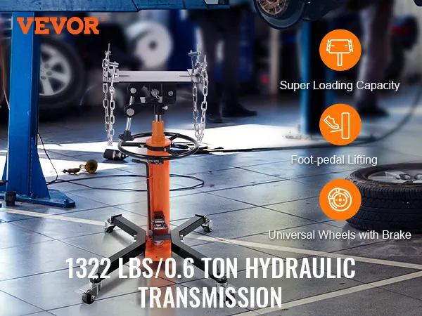 VEVOR hydraulic transmission jack, 1322 lbs capacity, foot-pedal lifting, universal wheels with brake.