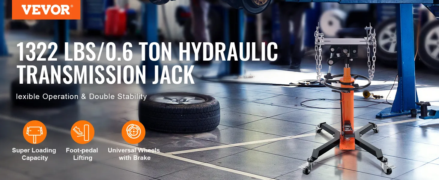 VEVOR hydraulic transmission jack, 1322 lbs capacity, foot-pedal lifting, universal wheels with brake.