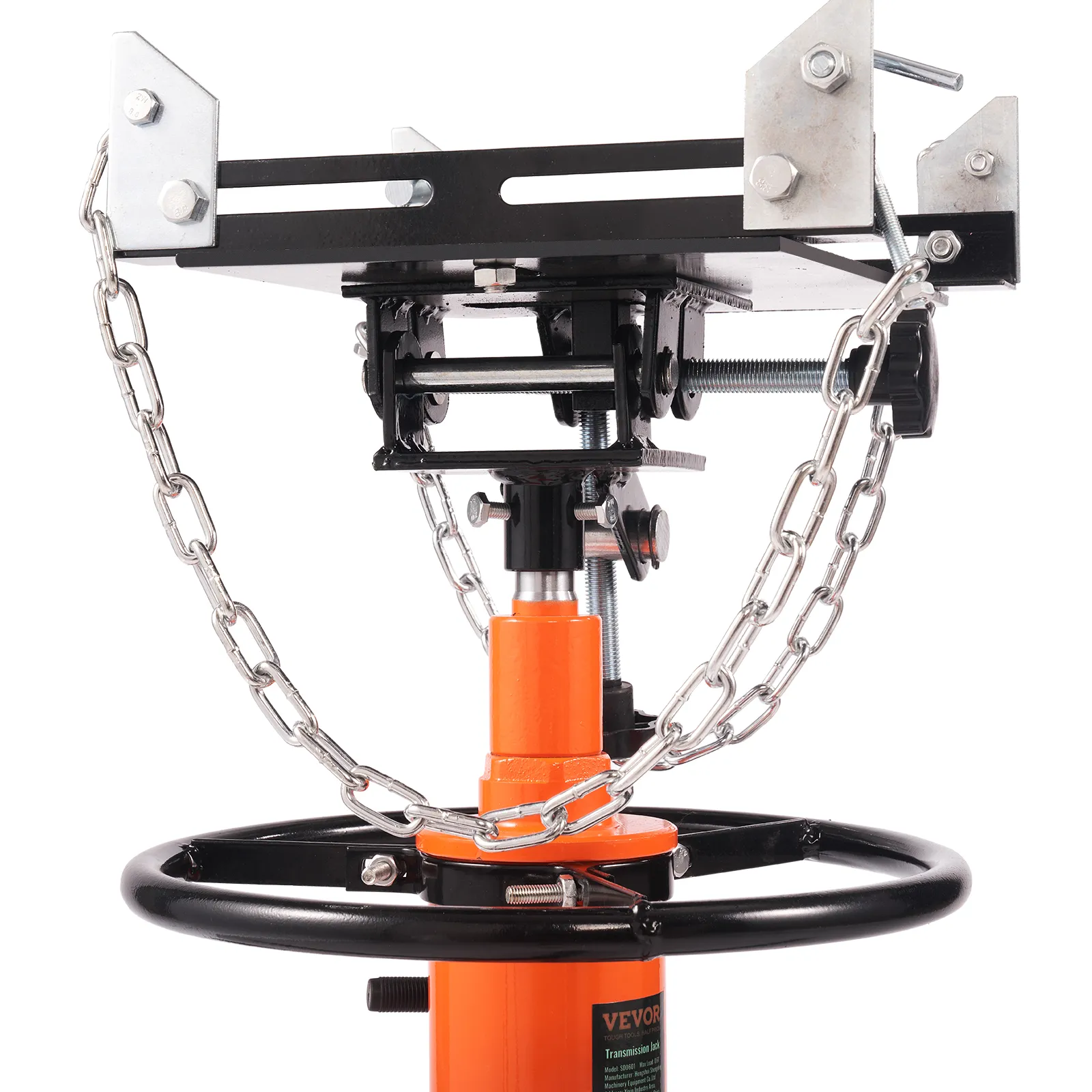 VEVOR hydraulic transmission jack with chains and swivel base, painted in orange and black.