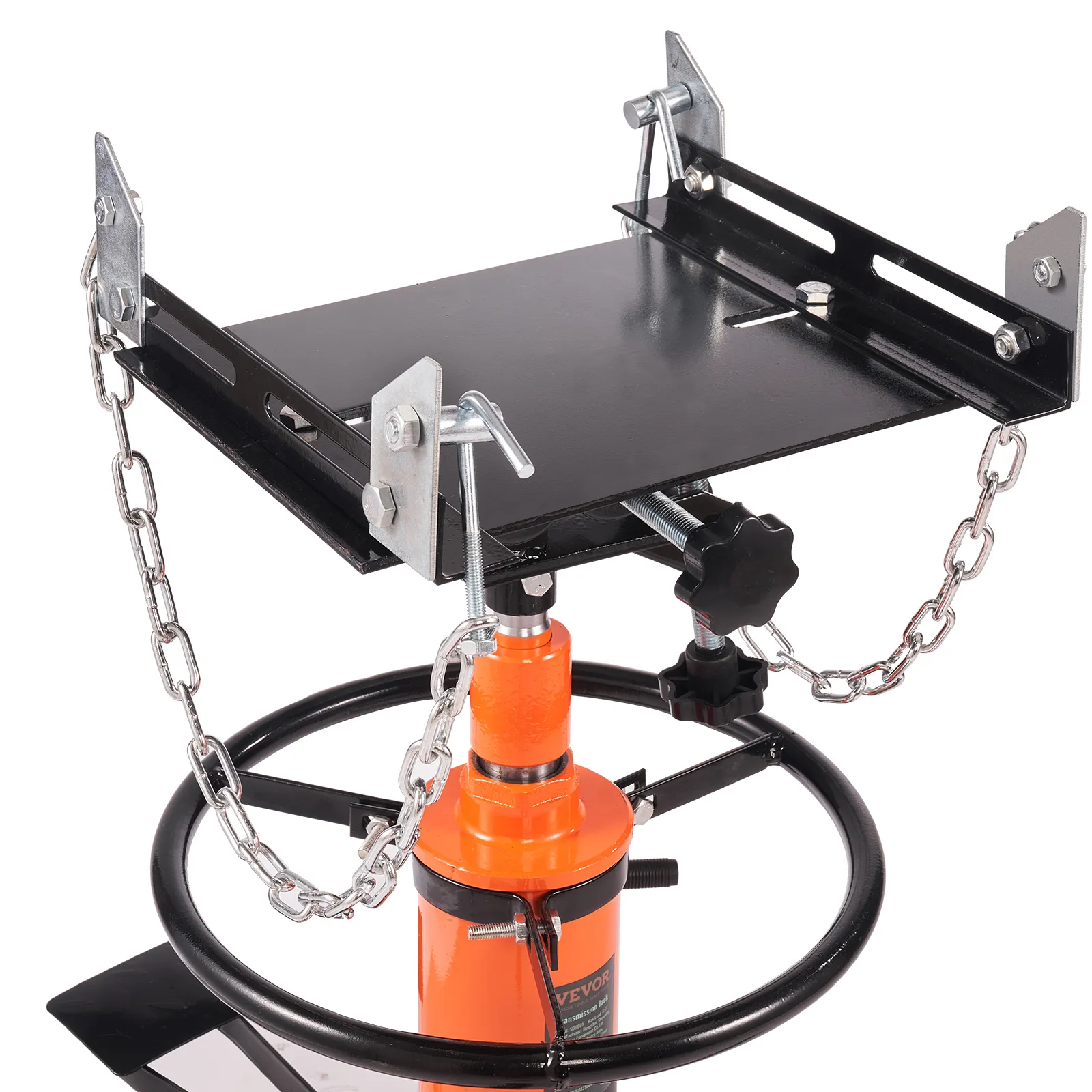 VEVOR hydraulic transmission jack with orange base, adjustable black platform, and safety chains.