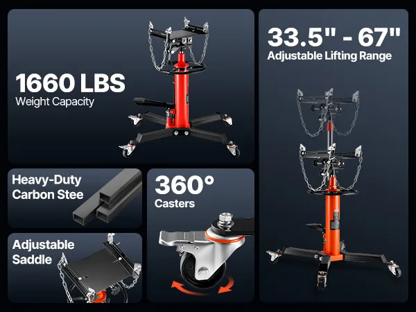 VEVOR transmission jack with foot pedal, auxiliary ring, and heavy-duty steel, supports 1322 lbs.