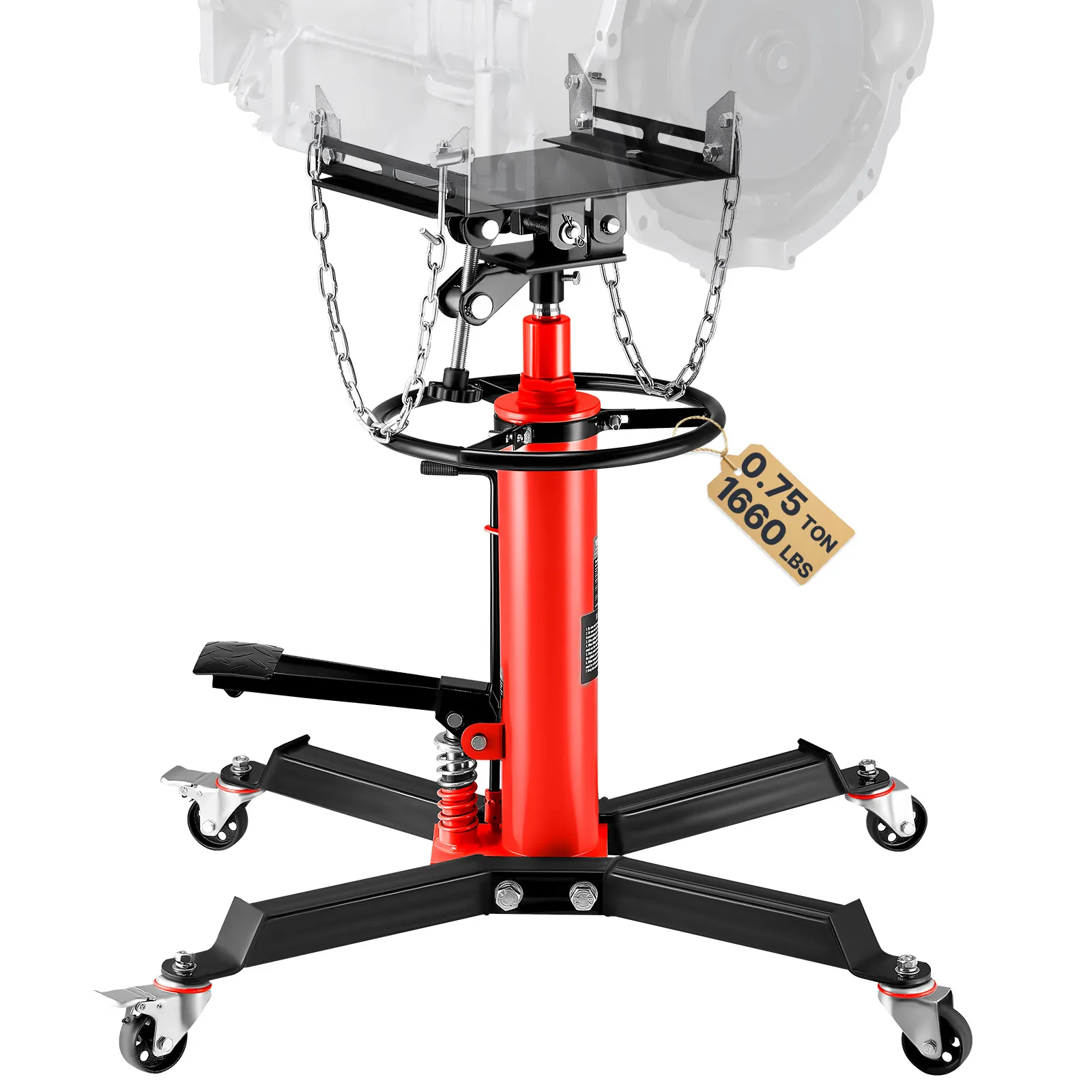 Gato de transmisión VEVOR rojo y negro con pedal, cadenas de soporte y ruedas giratorias.
