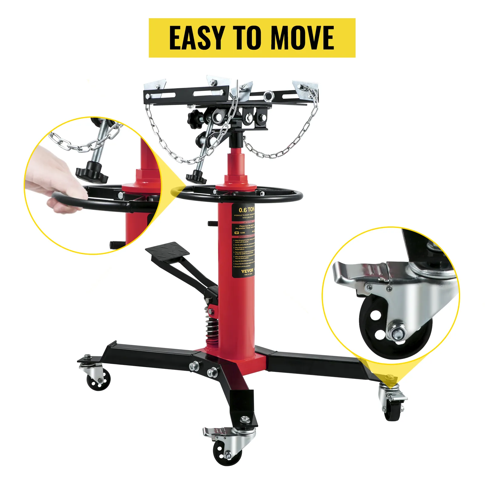 Gato de transmisión VEVOR con altura ajustable, ruedas giratorias y cadenas de seguridad, fácil de mover.