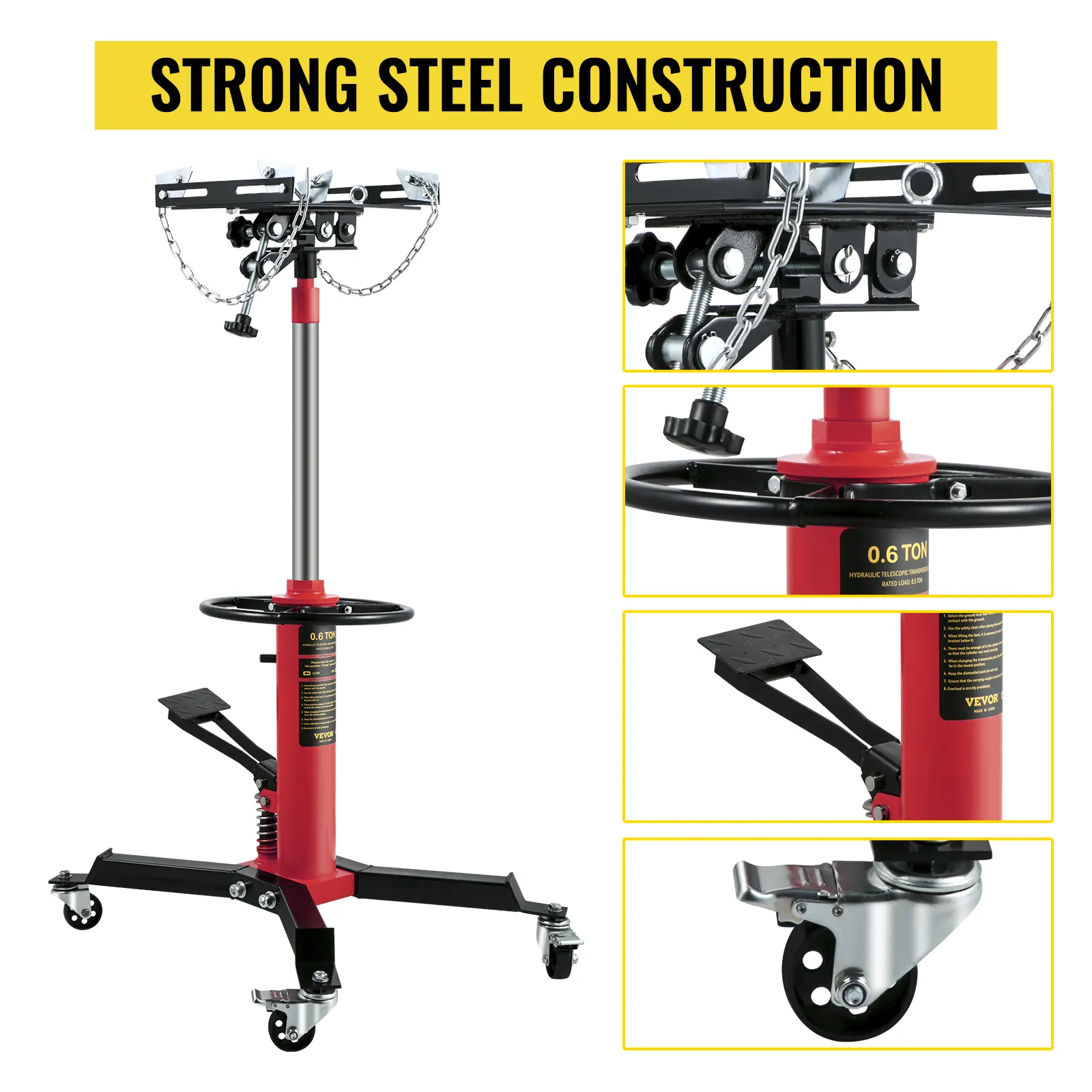 Gato de transmisión VEVOR con construcción de acero resistente, pedal hidráulico, ruedas giratorias y manija ajustable.