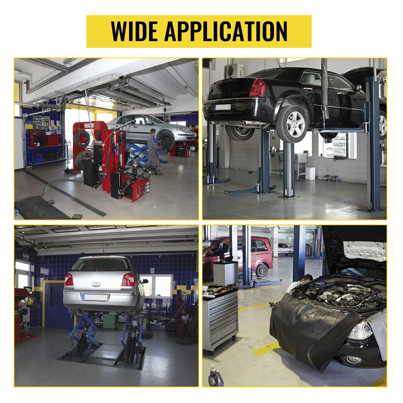 Taller de reparación de automóviles que utiliza el gato de transmisión VEVOR para el mantenimiento y las reparaciones de automóviles, mostrando una amplia aplicación.