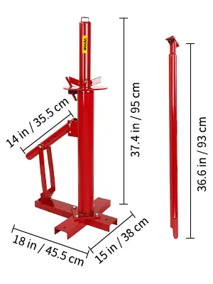 Cambiador de neumáticos manual VEVOR rojo con medidas de 37,4 pulgadas, 36,6 pulgadas, 18 pulgadas, 15 pulgadas y 14 pulgadas.