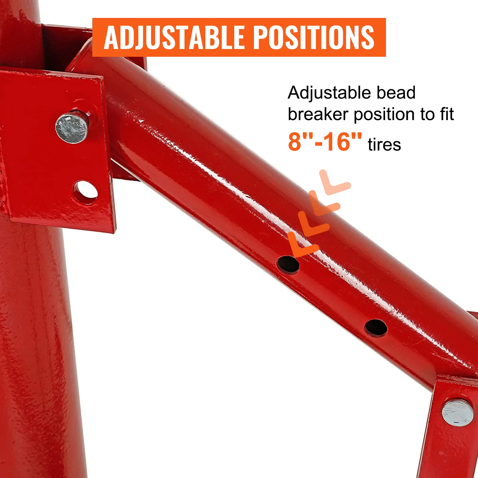 Primer plano de una desmontadora de neumáticos manual VEVOR roja con destalonador ajustable para neumáticos de 8" a 16".