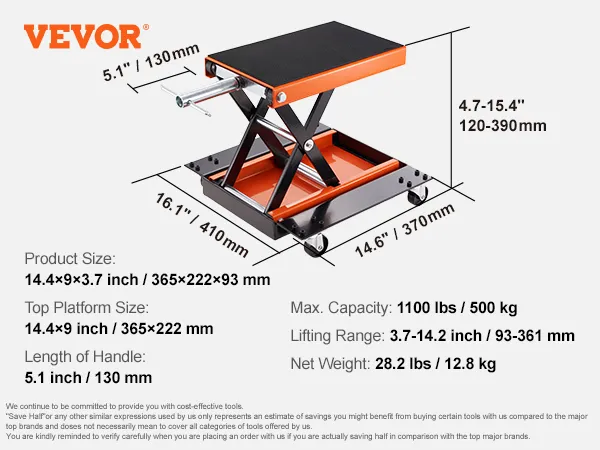 VEVOR motorcycle lift specifications with size, capacity, lifting range, and handle length details.