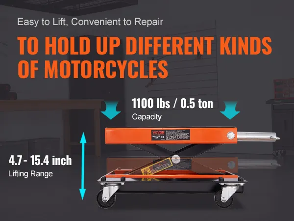 VEVOR motorcycle lift with 1100 lbs capacity, 4.7-15.4 inch lifting range for easy motorcycle repairs.