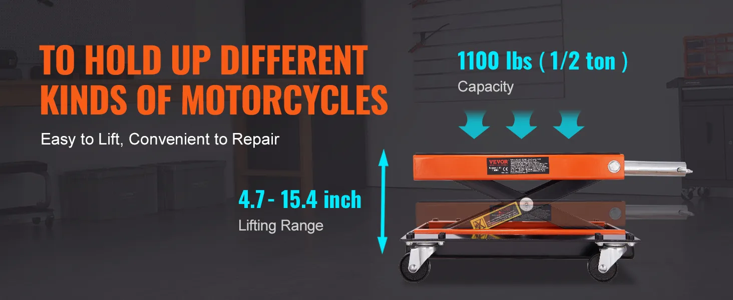 VEVOR motorcycle lift with 1100 lbs capacity, 4.7-15.4 inch lifting range for easy motorcycle repairs.