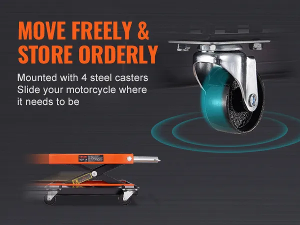 VEVOR motorcycle lift with steel casters for easy maneuvering and organized storage solutions.