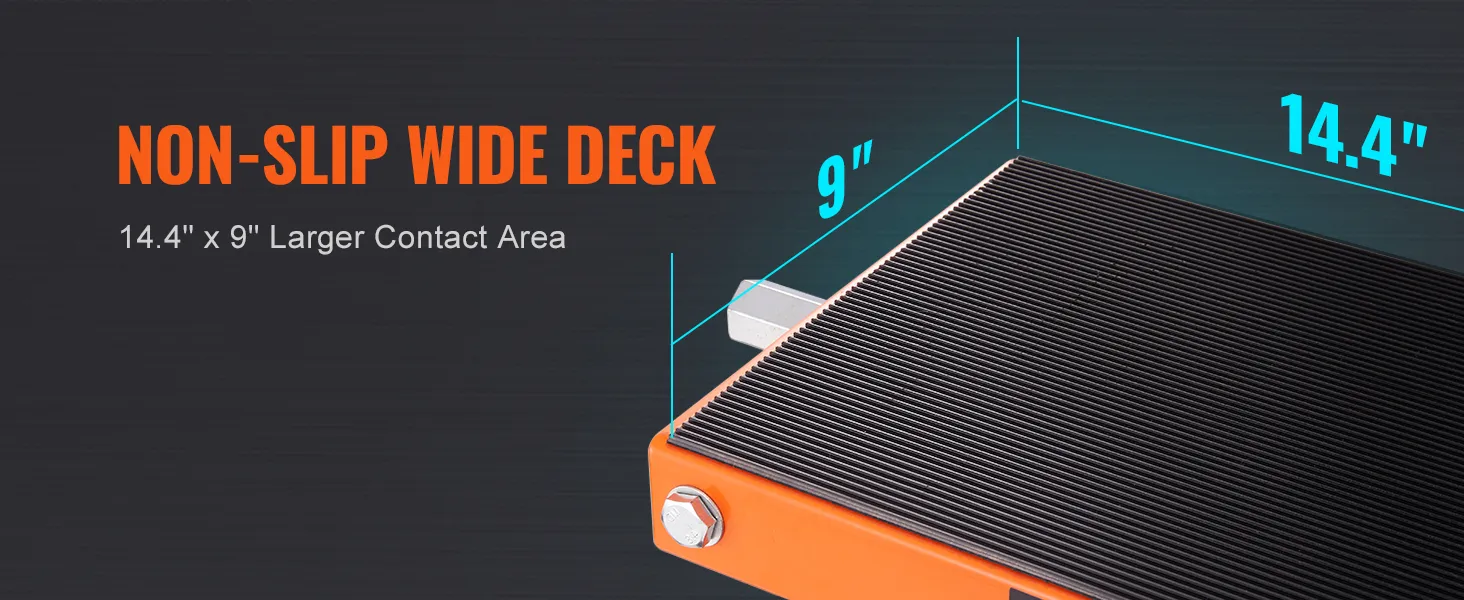 non-slip wide deck VEVOR motorcycle lift, 14.4" x 9" larger contact area.