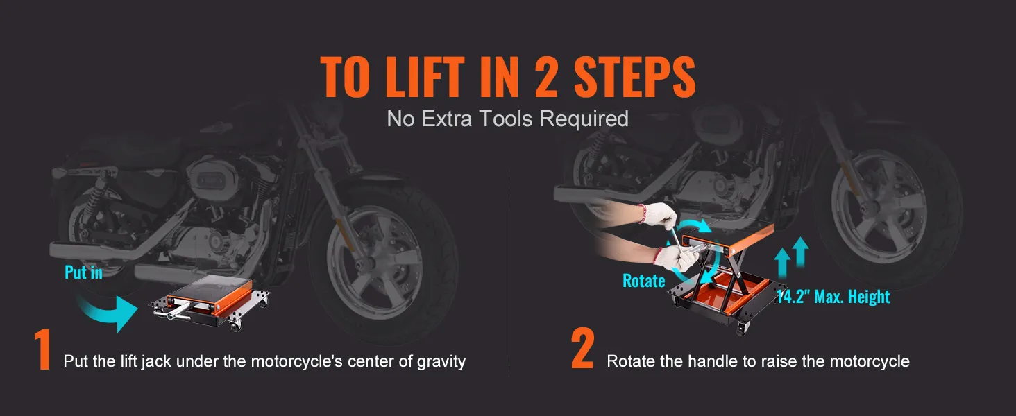 VEVOR motorcycle lift in use, raising a bike in two easy steps: insert lift jack, rotate handle. no tools needed.