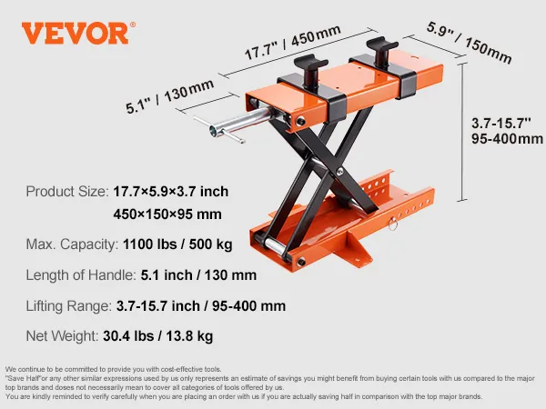 VEVOR motorcycle lift specifications: portable, max capacity 1100 lbs, adjustable lifting range 3.7-15.7 inches.