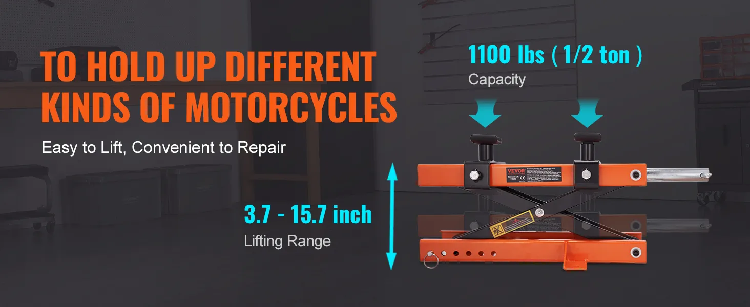 VEVOR motorcycle lift with 1100 lbs capacity and 3.7-15.7 inch lifting range, easy to lift and repair.