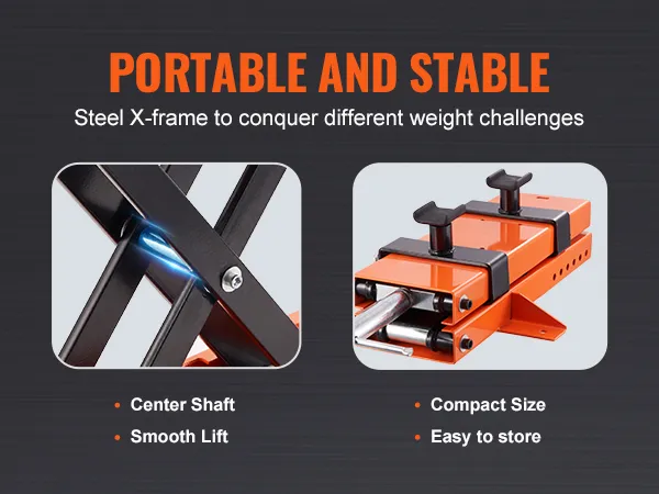 portable and stable VEVOR motorcycle lift with steel x-frame, center shaft, and compact size for easy storage.
