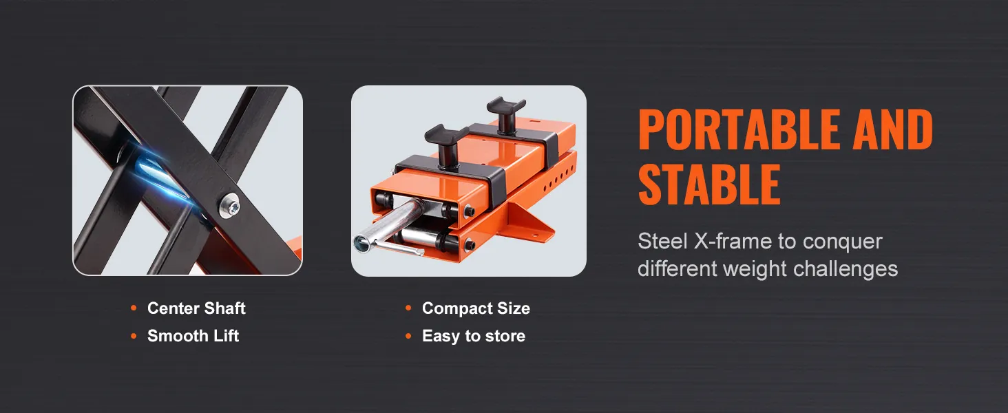 portable and stable VEVOR motorcycle lift with steel x-frame, center shaft, and compact size for easy storage.