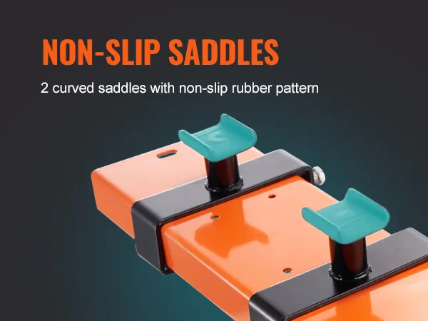 non-slip saddles on orange and black VEVOR motorcycle lift with curved rubber pattern for stability.