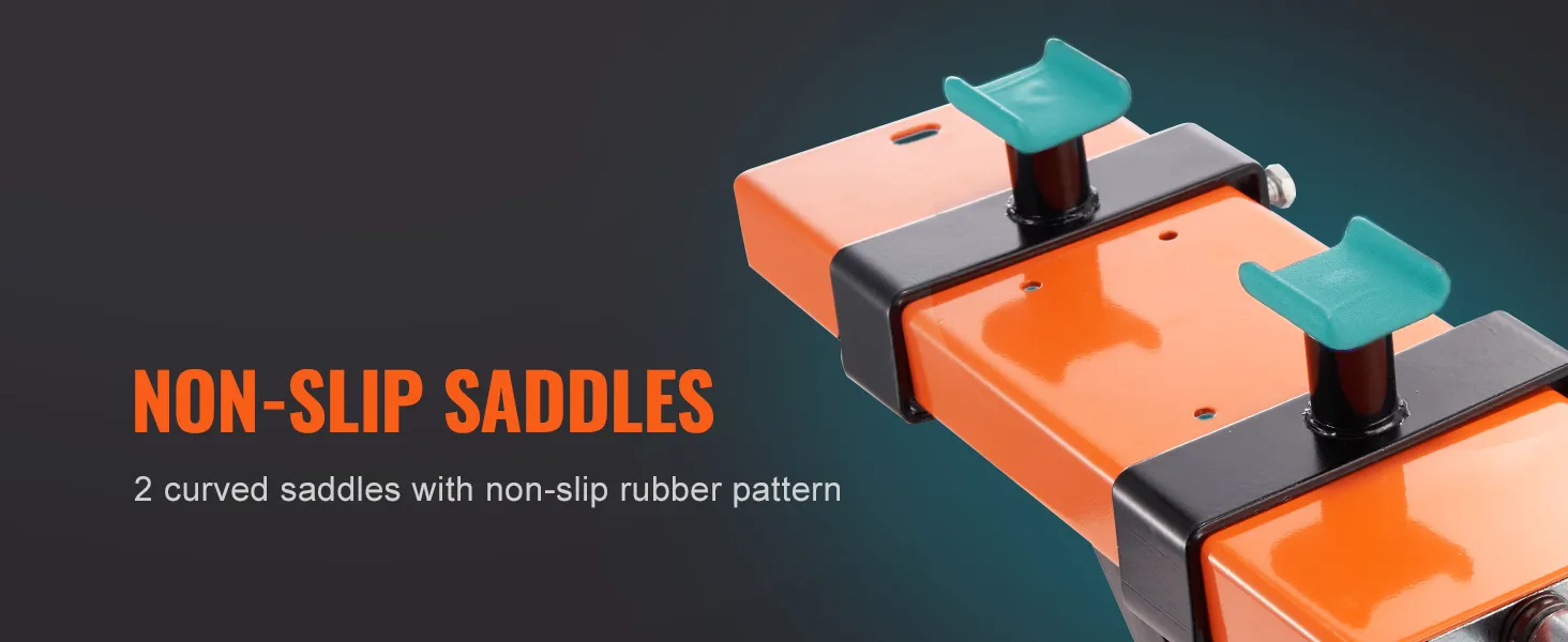 non-slip saddles on orange and black VEVOR motorcycle lift with curved rubber pattern for stability.